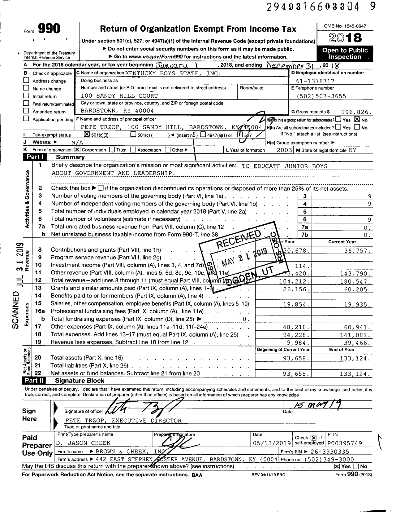 Image of first page of 2018 Form 990 for Kentucky Boys State