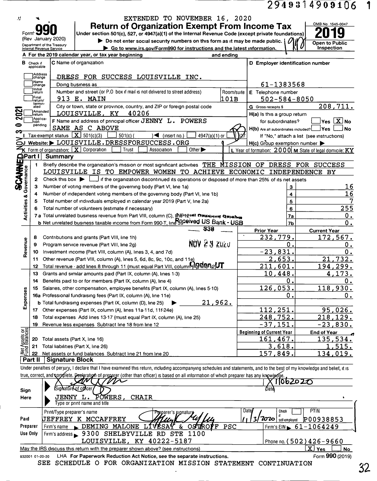 Image of first page of 2019 Form 990 for Dress for Success Louisville