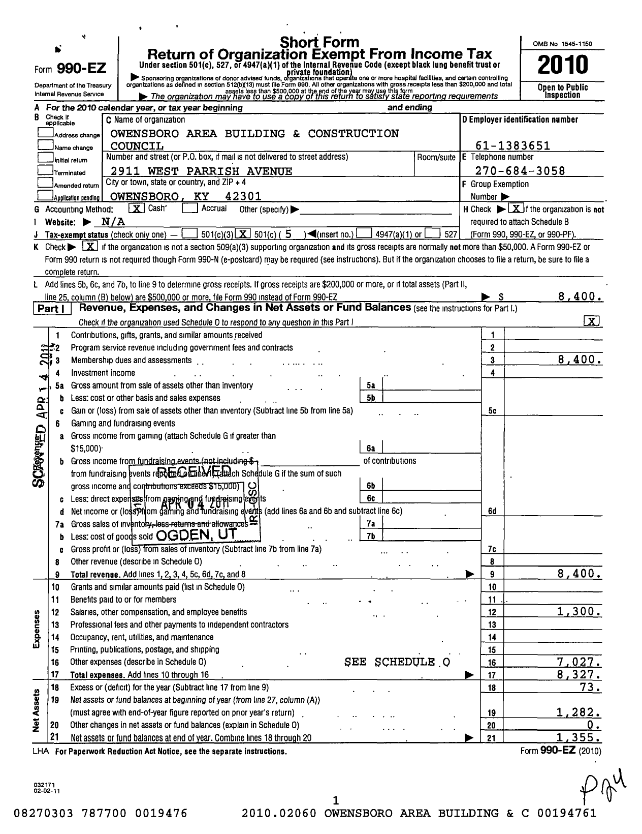 Image of first page of 2010 Form 990EO for Owensboro Area Building and Construction Trades Council