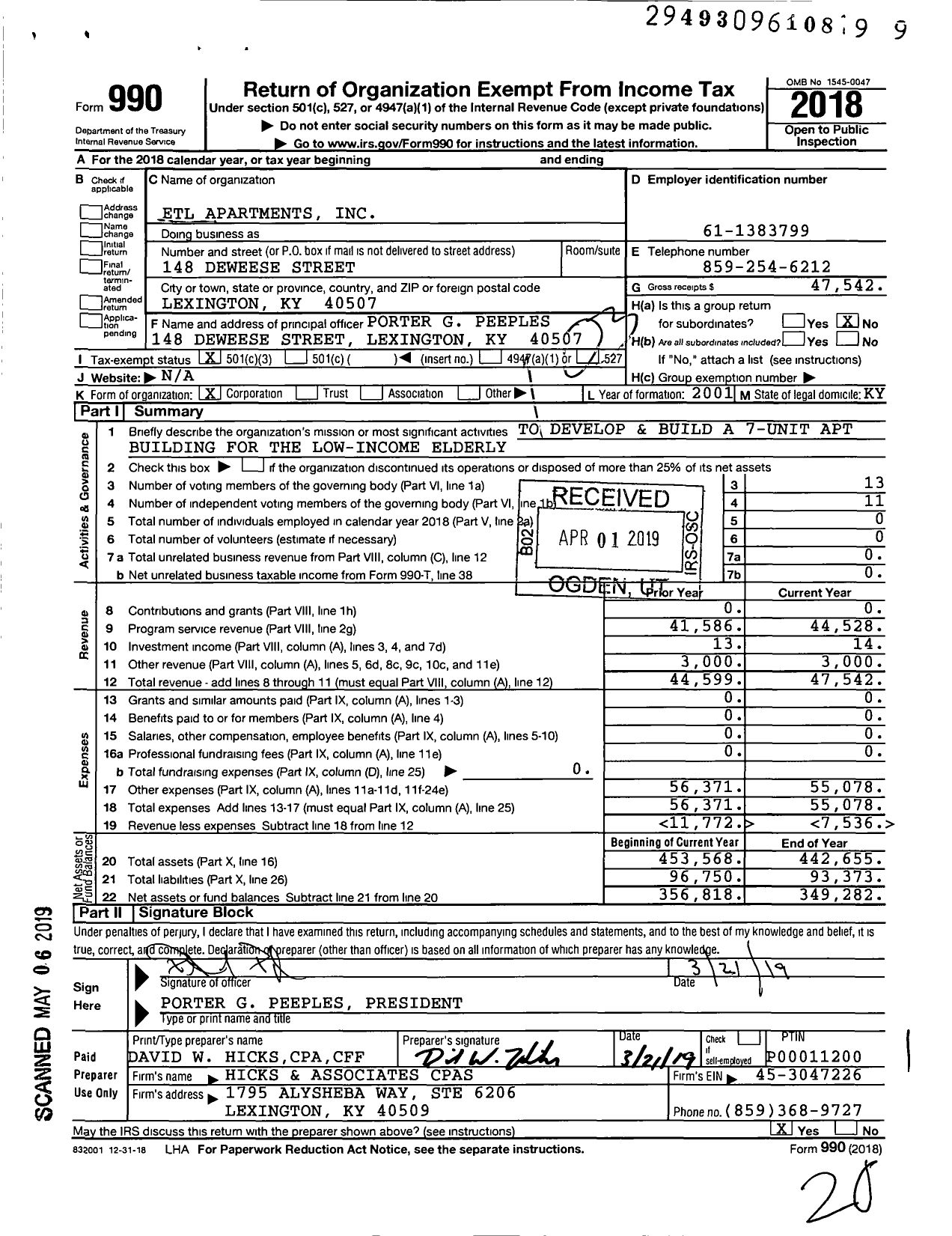 Image of first page of 2018 Form 990 for Etl Apartments
