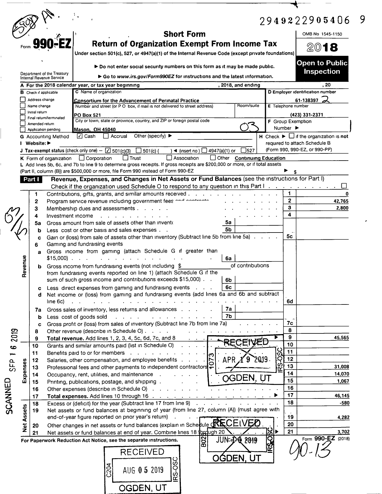 Image of first page of 2018 Form 990EZ for Consortium for the Advancement of Perinatal