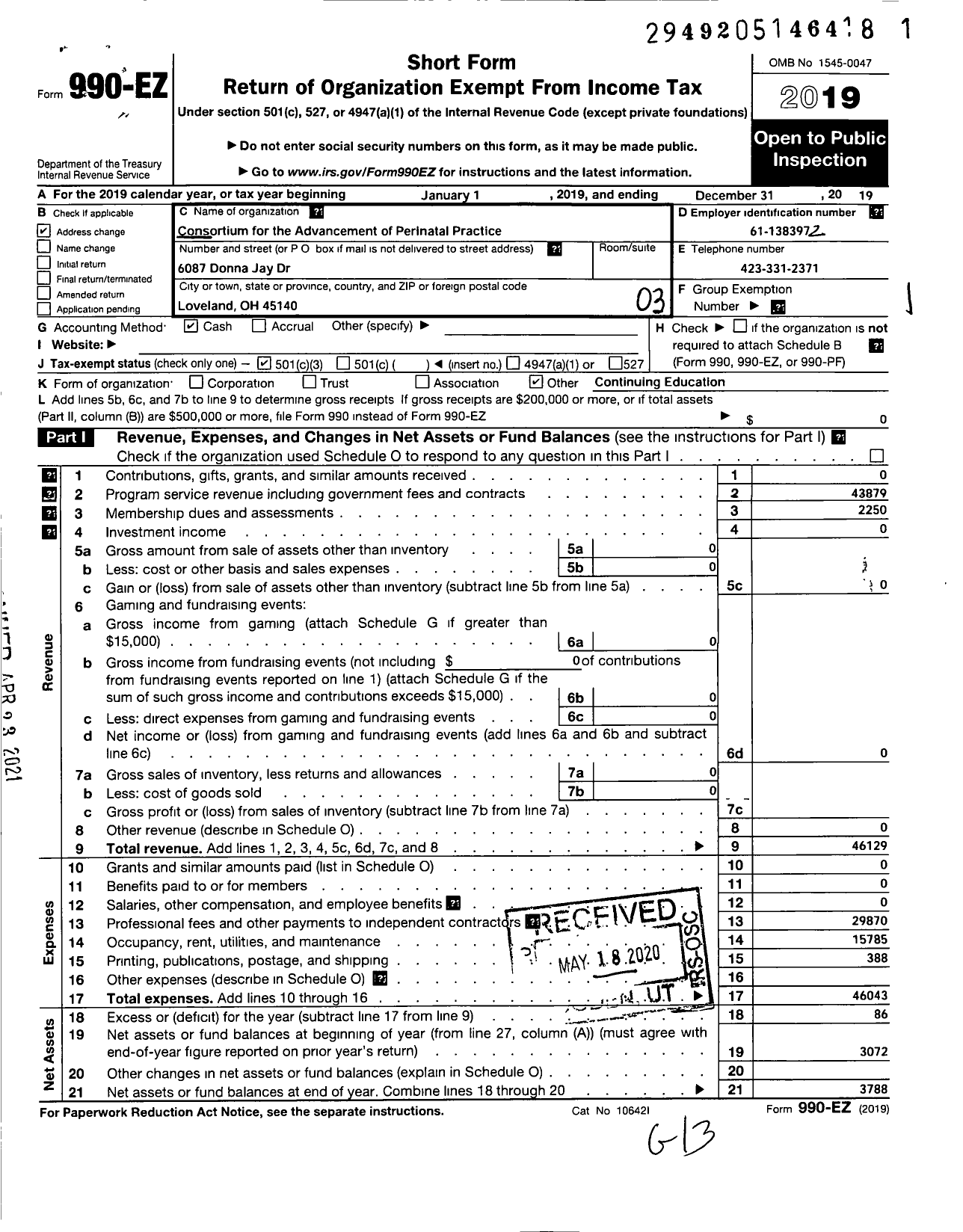 Image of first page of 2019 Form 990EZ for Consortium for the Advancement of Perinatal