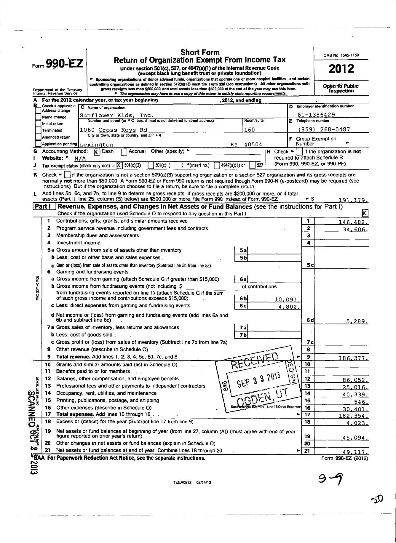 Image of first page of 2012 Form 990EZ for Sunflower Kids