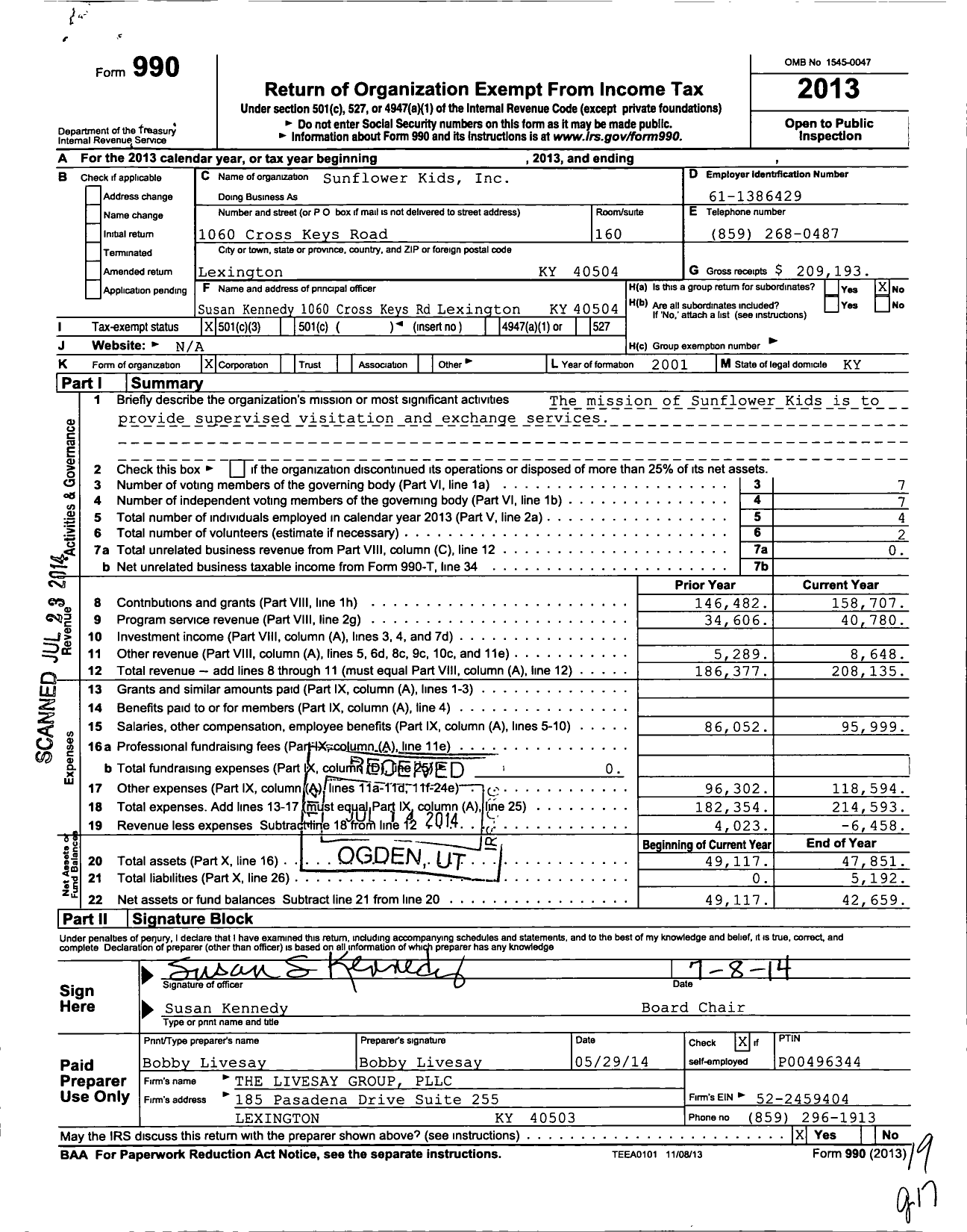 Image of first page of 2013 Form 990 for Sunflower Kids
