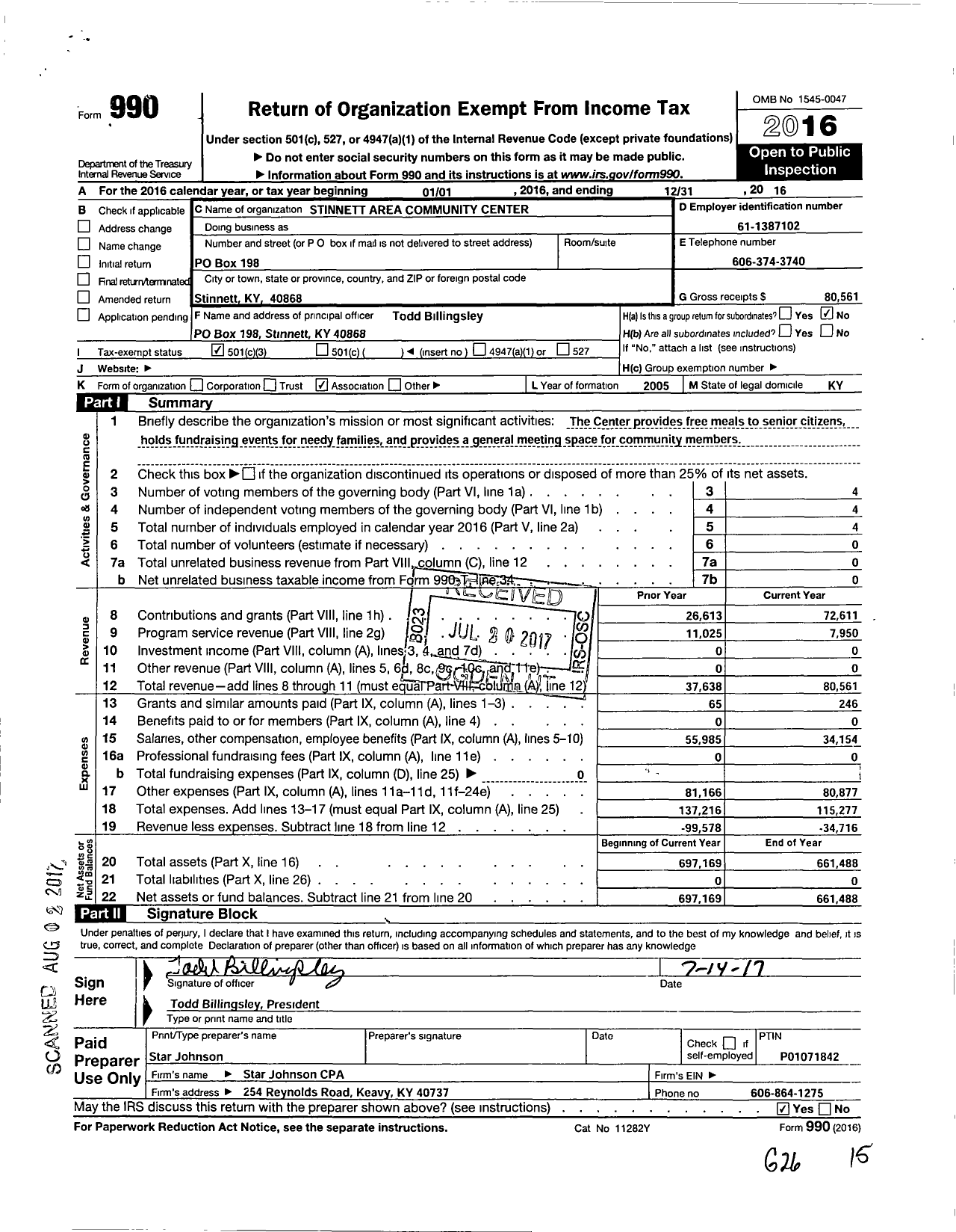 Image of first page of 2016 Form 990 for Stinnett Area Community Center