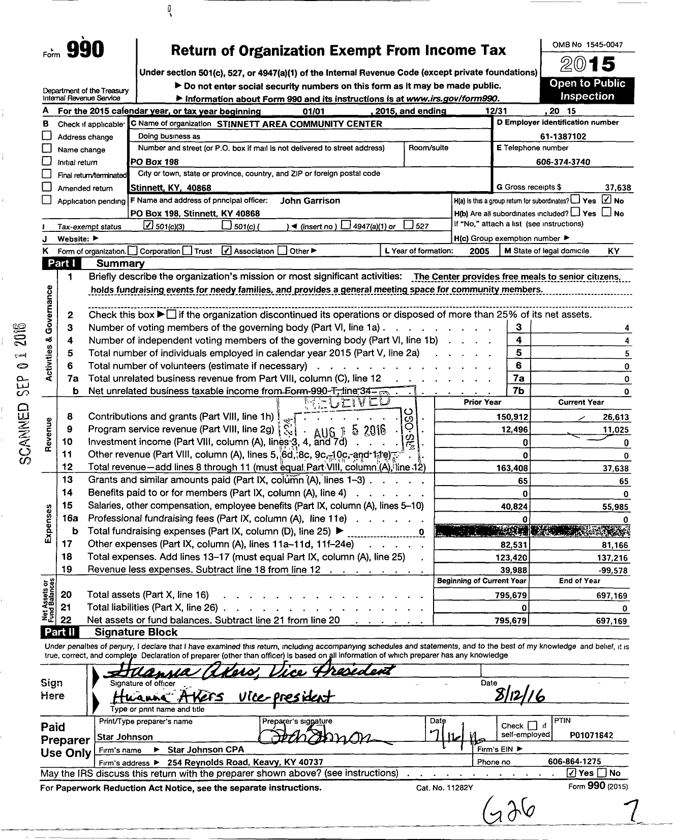 Image of first page of 2015 Form 990 for Stinnett Area Community Center