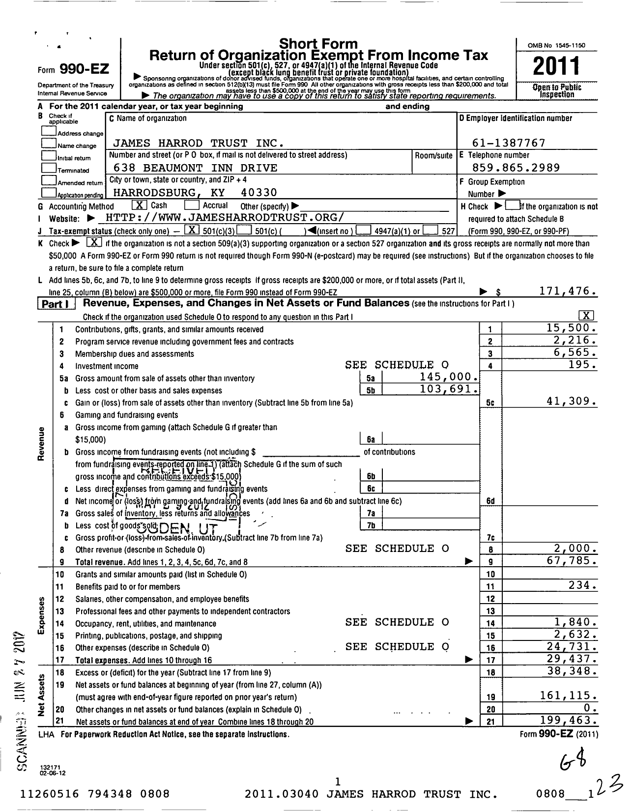 Image of first page of 2011 Form 990EZ for James Harrod Trust