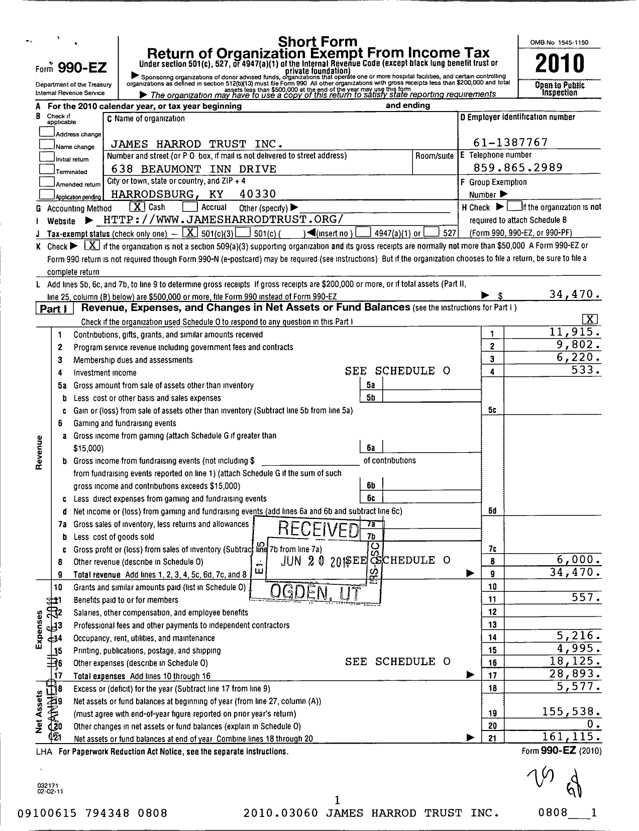 Image of first page of 2010 Form 990EZ for James Harrod Trust