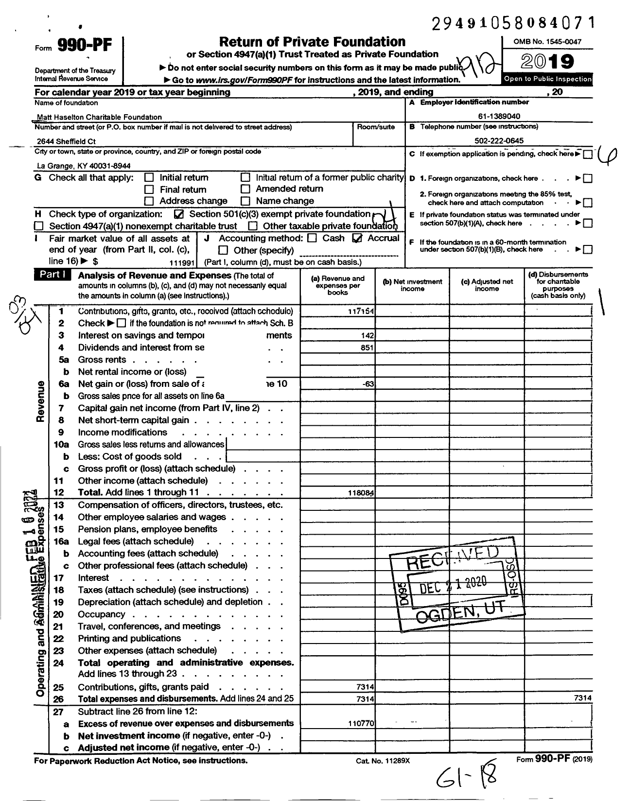 Image of first page of 2019 Form 990PF for Matt Haselton Charitable Foundation