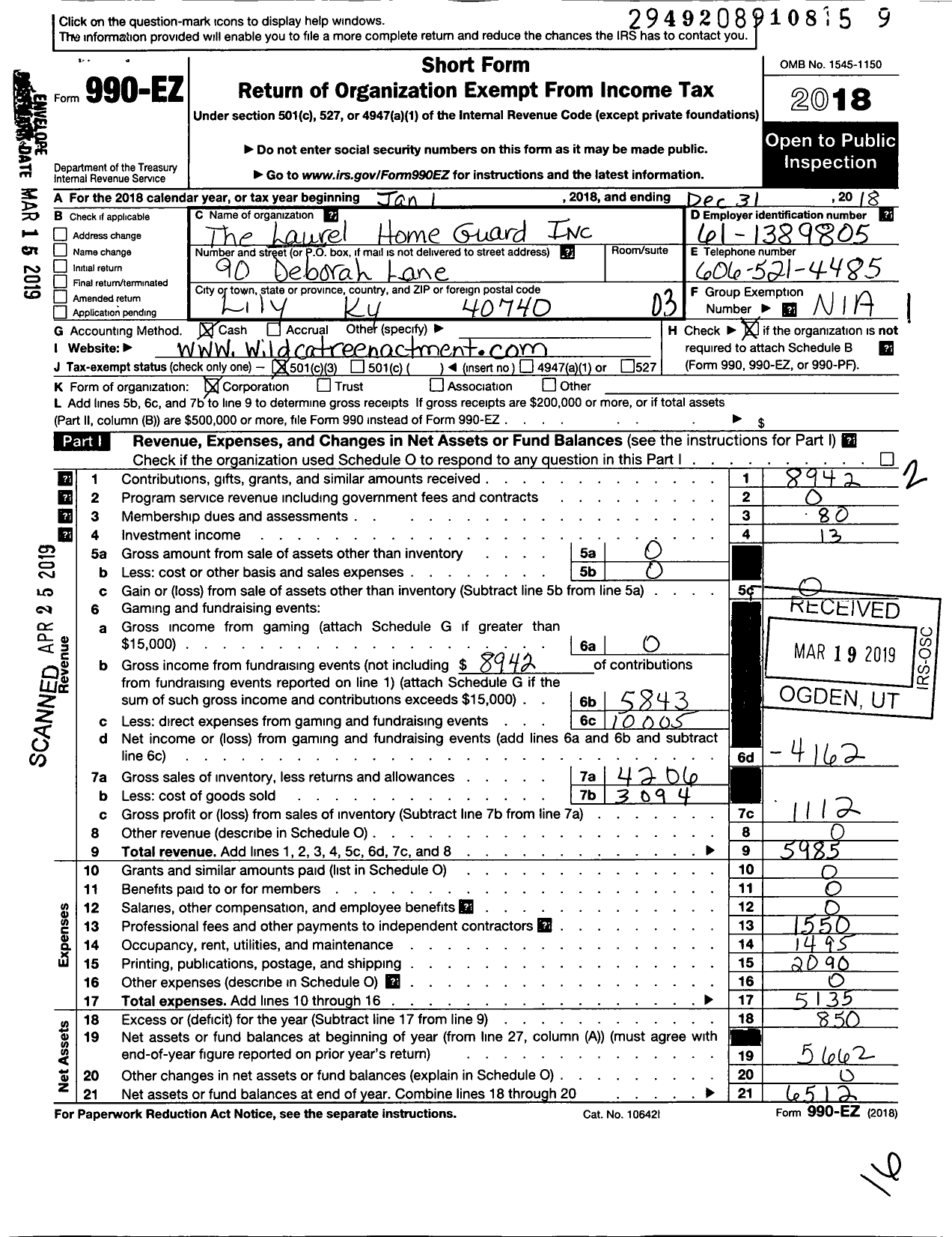 Image of first page of 2018 Form 990EZ for Laurel Home Guard