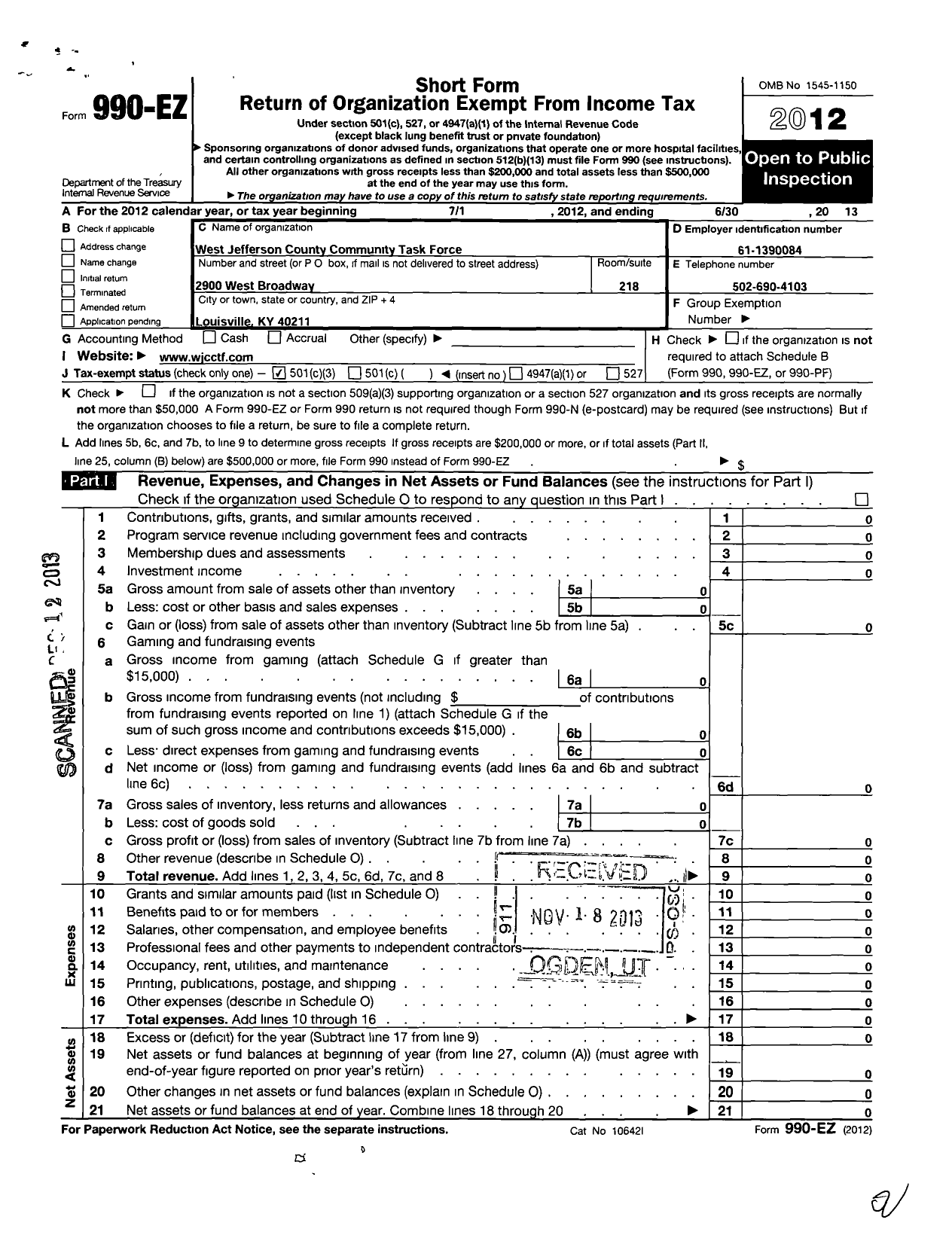 Image of first page of 2012 Form 990EZ for West Jefferson County Community Task Force