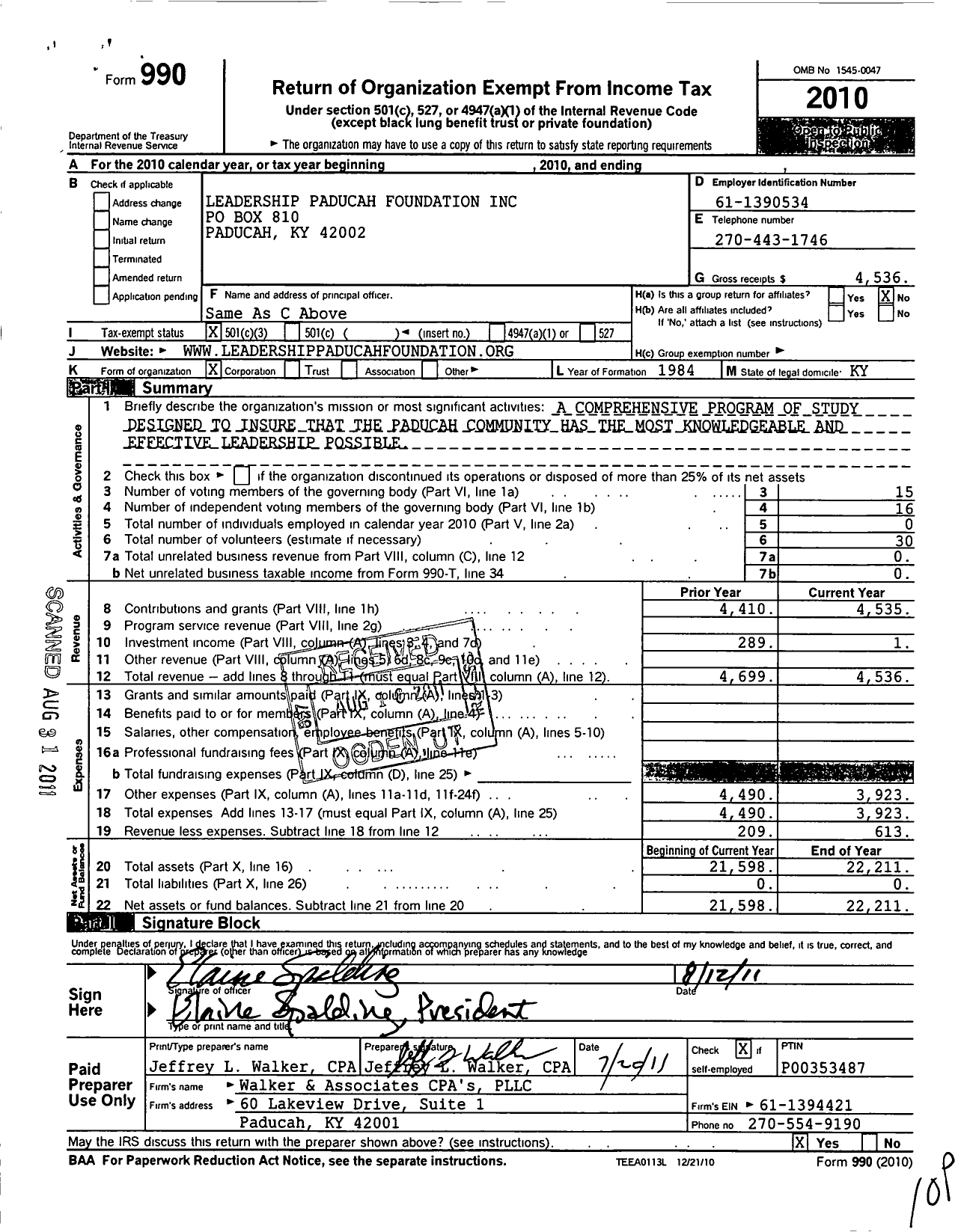 Image of first page of 2010 Form 990 for Leadership Paducah Foundation