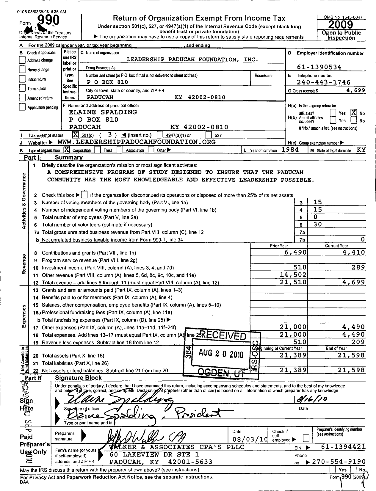 Image of first page of 2009 Form 990 for Leadership Paducah Foundation