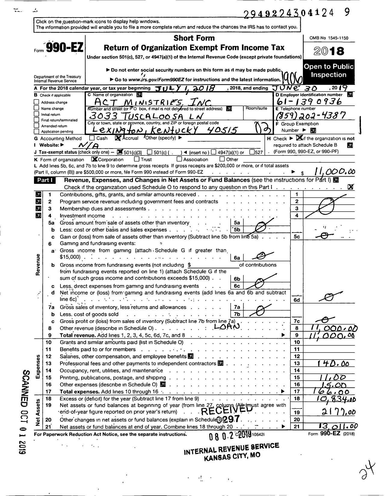 Image of first page of 2018 Form 990EZ for Act Ministries