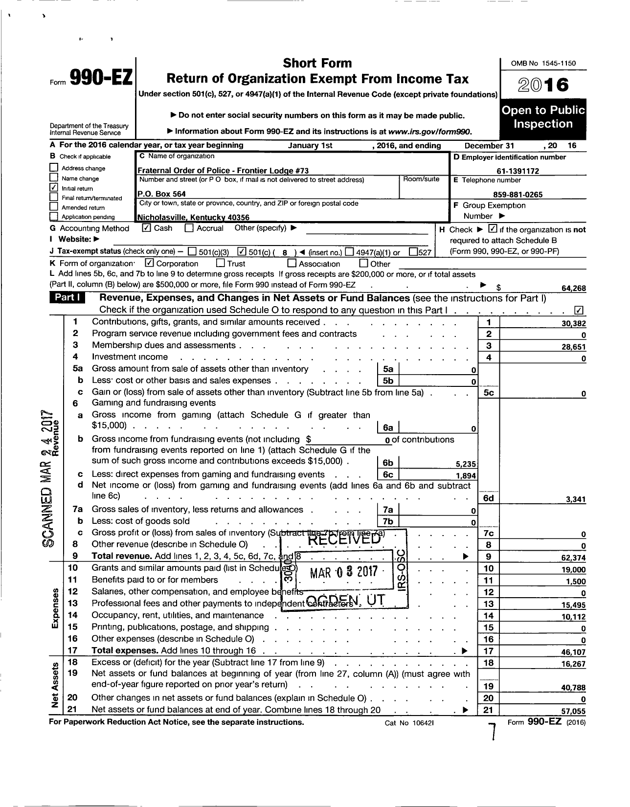 Image of first page of 2016 Form 990EO for Fraternal Order of Police Frontier Lodge 73