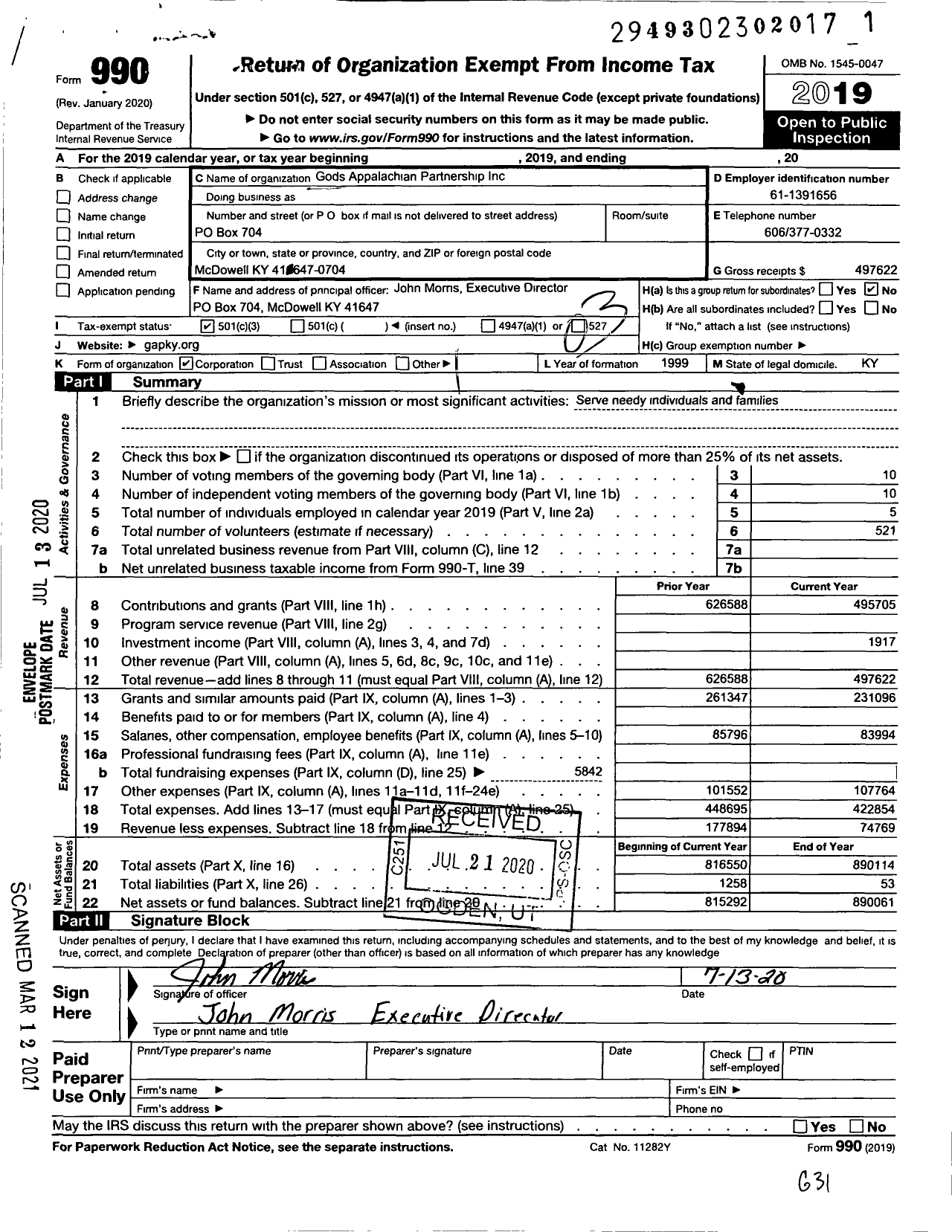 Image of first page of 2019 Form 990 for Gods Appalachian Partnership