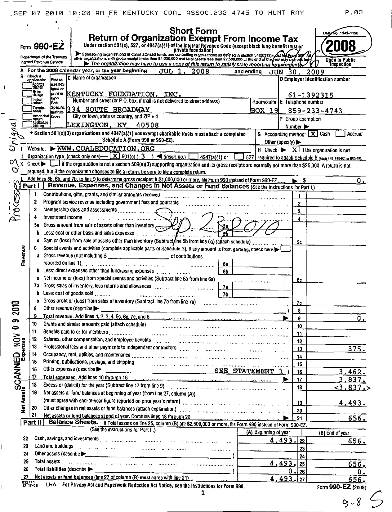 Image of first page of 2008 Form 990EZ for Kentucky Foundation