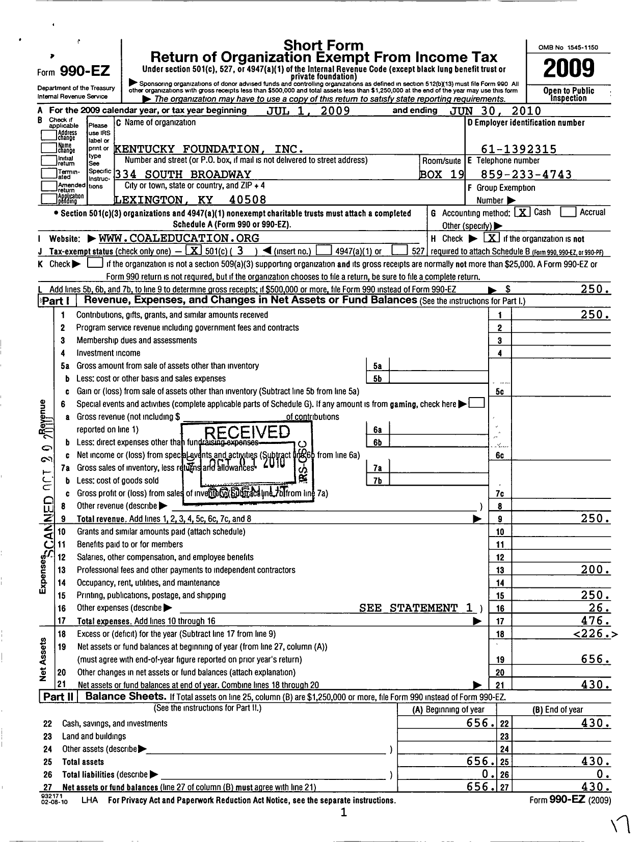 Image of first page of 2009 Form 990EZ for Kentucky Foundation