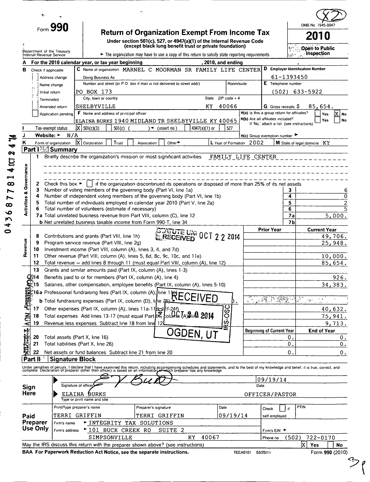 Image of first page of 2010 Form 990 for Marnel C Moorman SR Family Life Center