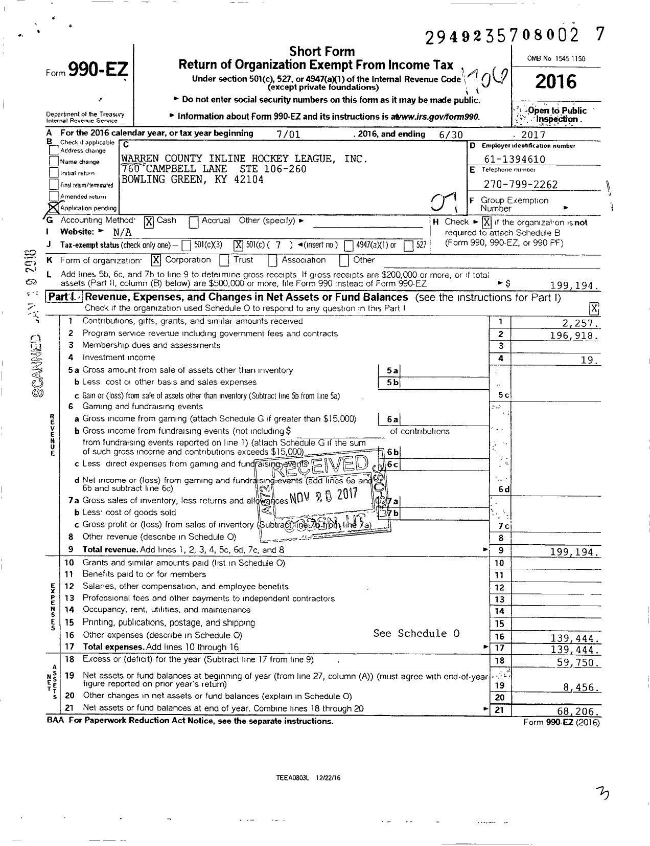 Image of first page of 2016 Form 990EO for Warren County Inline Hockey League