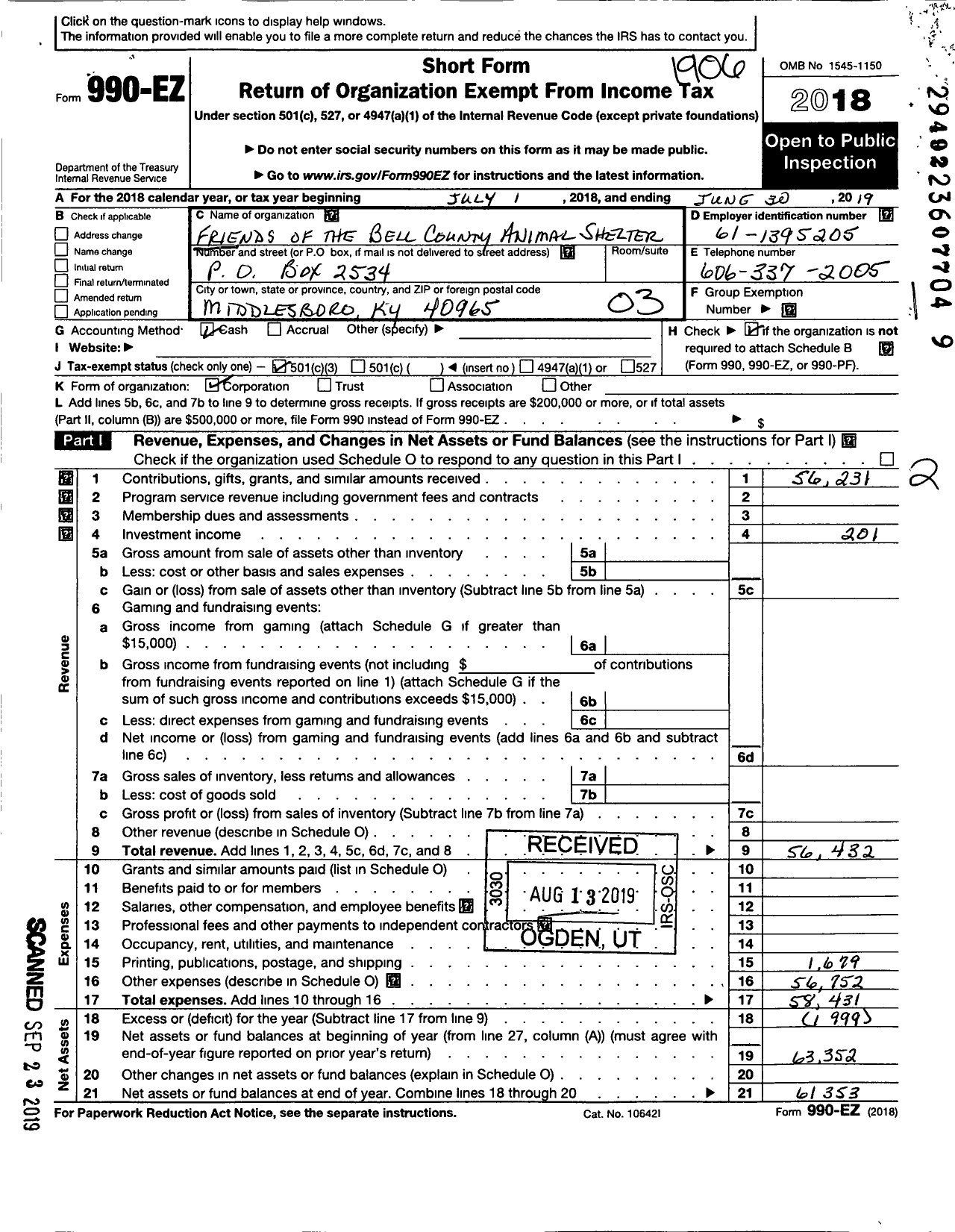 Image of first page of 2018 Form 990EZ for Friends of the Bell County Animal Shelter