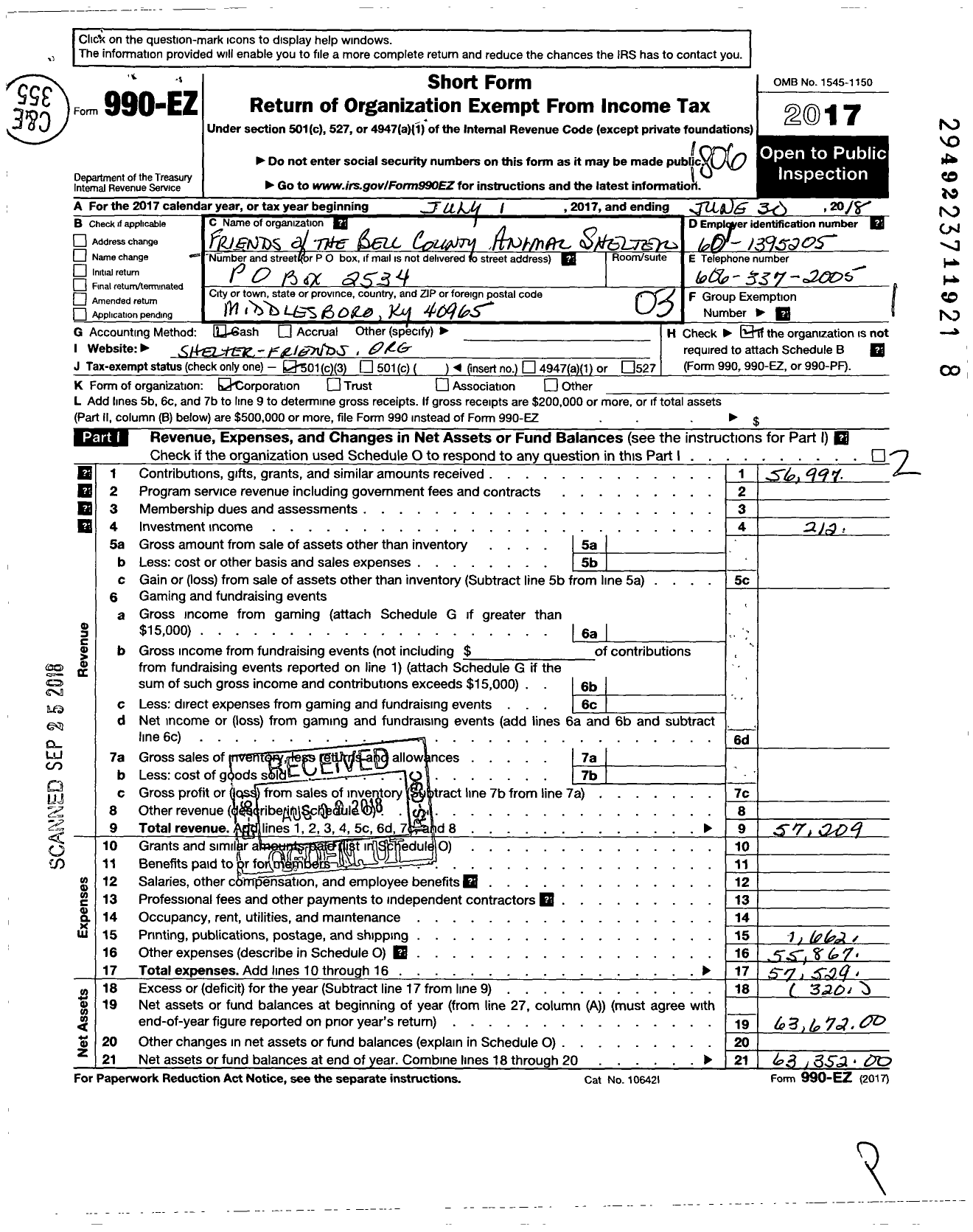 Image of first page of 2017 Form 990EZ for Friends of the Bell County Animal Shelter