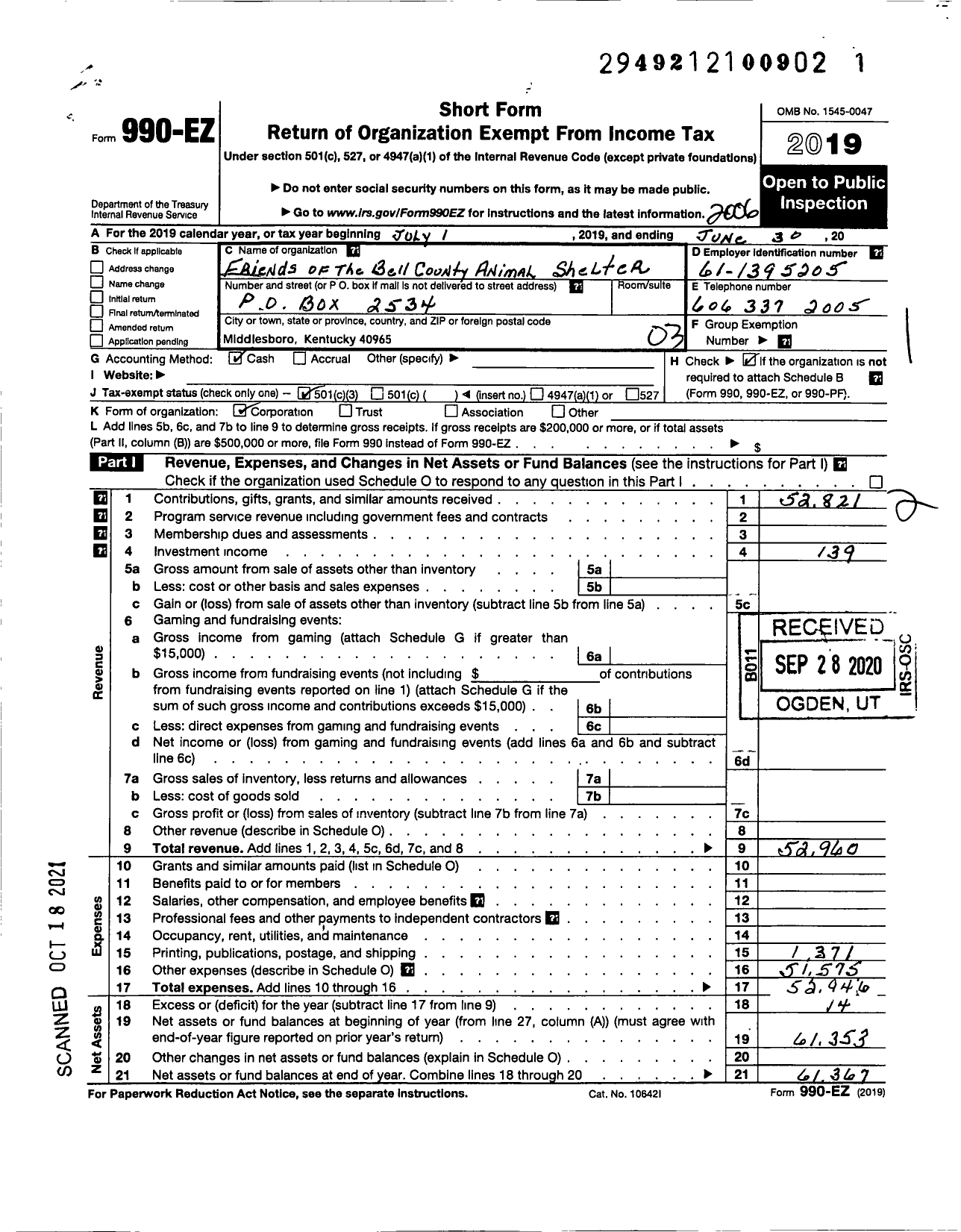 Image of first page of 2019 Form 990EZ for Friends of the Bell County Animal Shelter