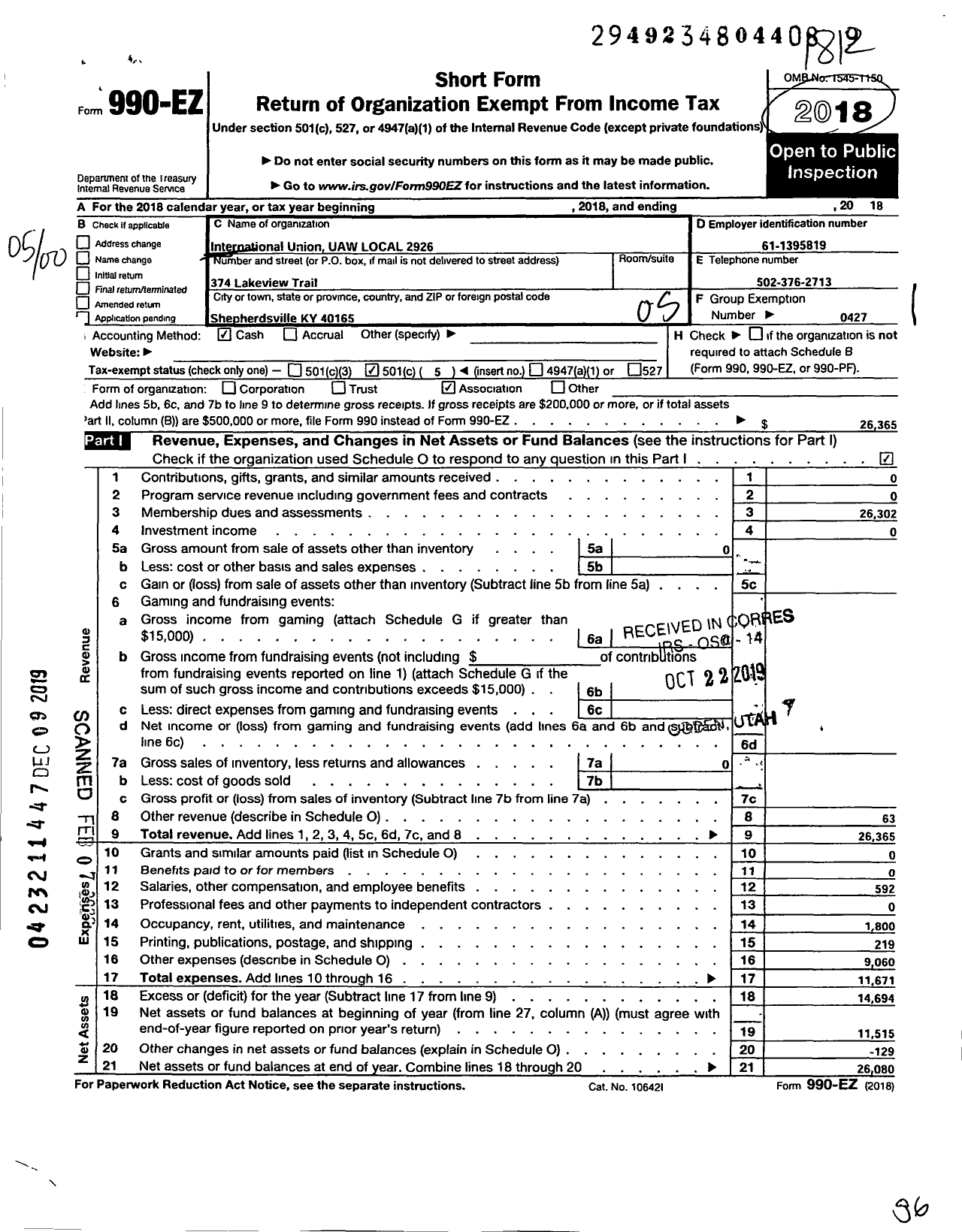 Image of first page of 2018 Form 990EO for UAW - 2926 UAW Local