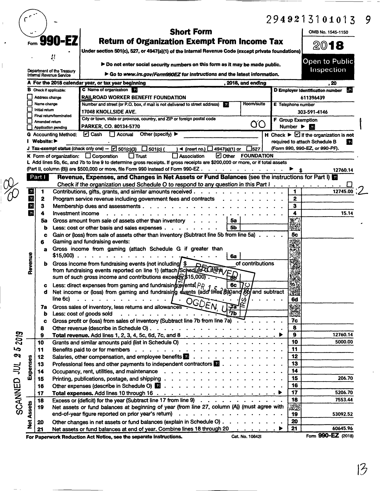 Image of first page of 2018 Form 990EO for Railroad Worker Benefit Foundation