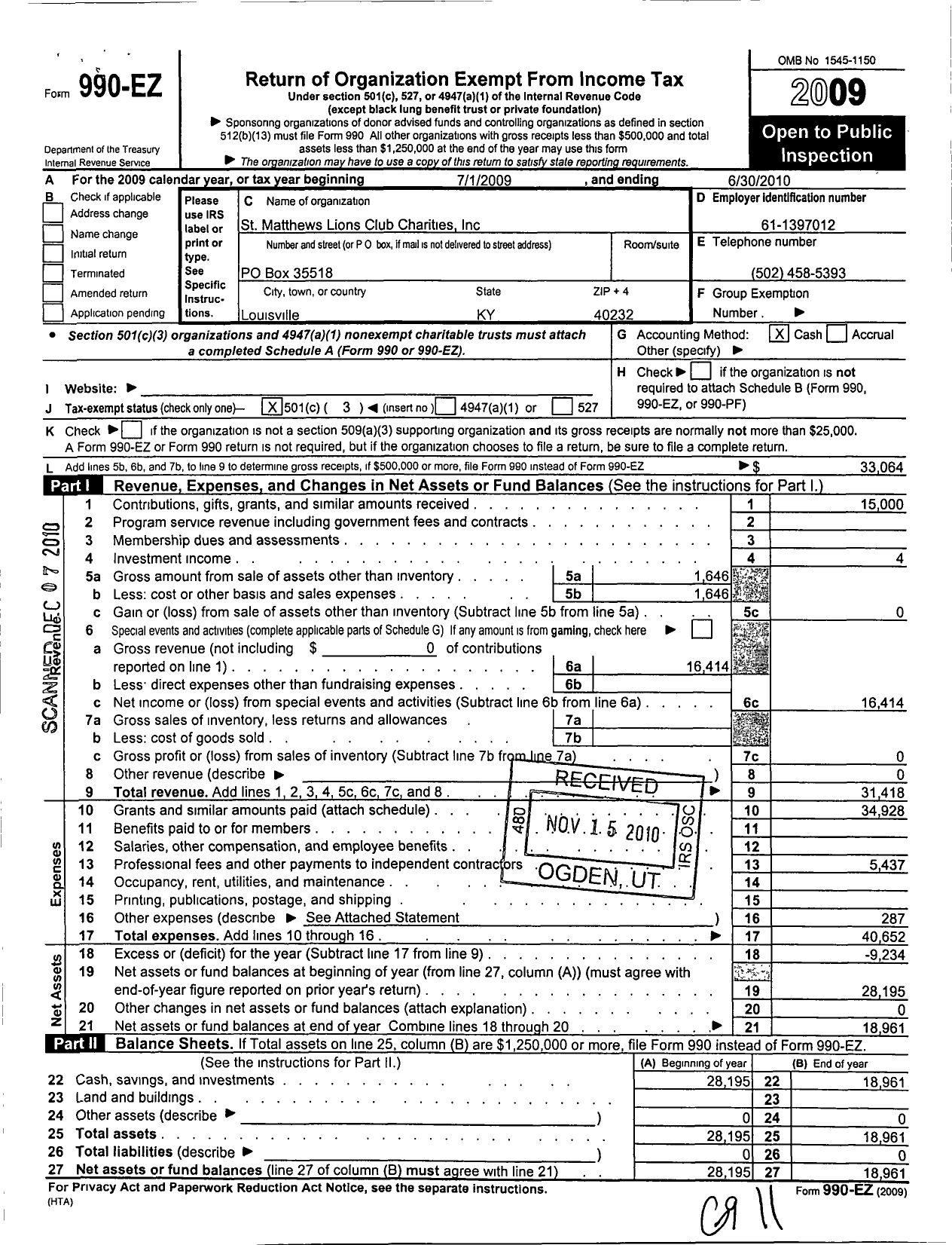 Image of first page of 2009 Form 990EZ for St Matthews Lions Club Charities