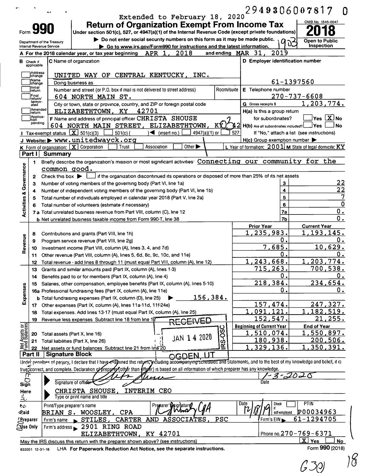 Image of first page of 2018 Form 990 for United Way of Central Kentucky