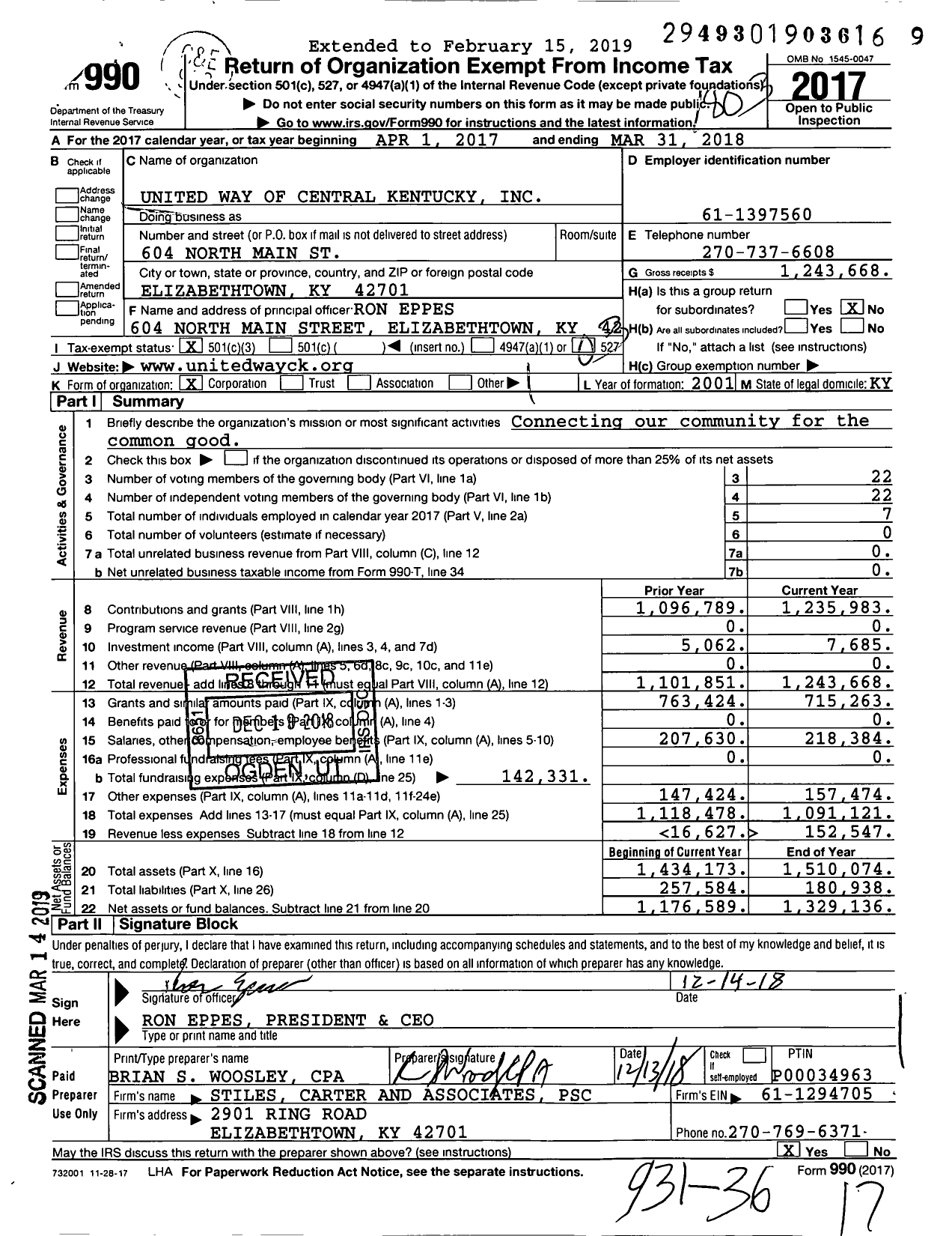 Image of first page of 2017 Form 990 for United Way of Central Kentucky