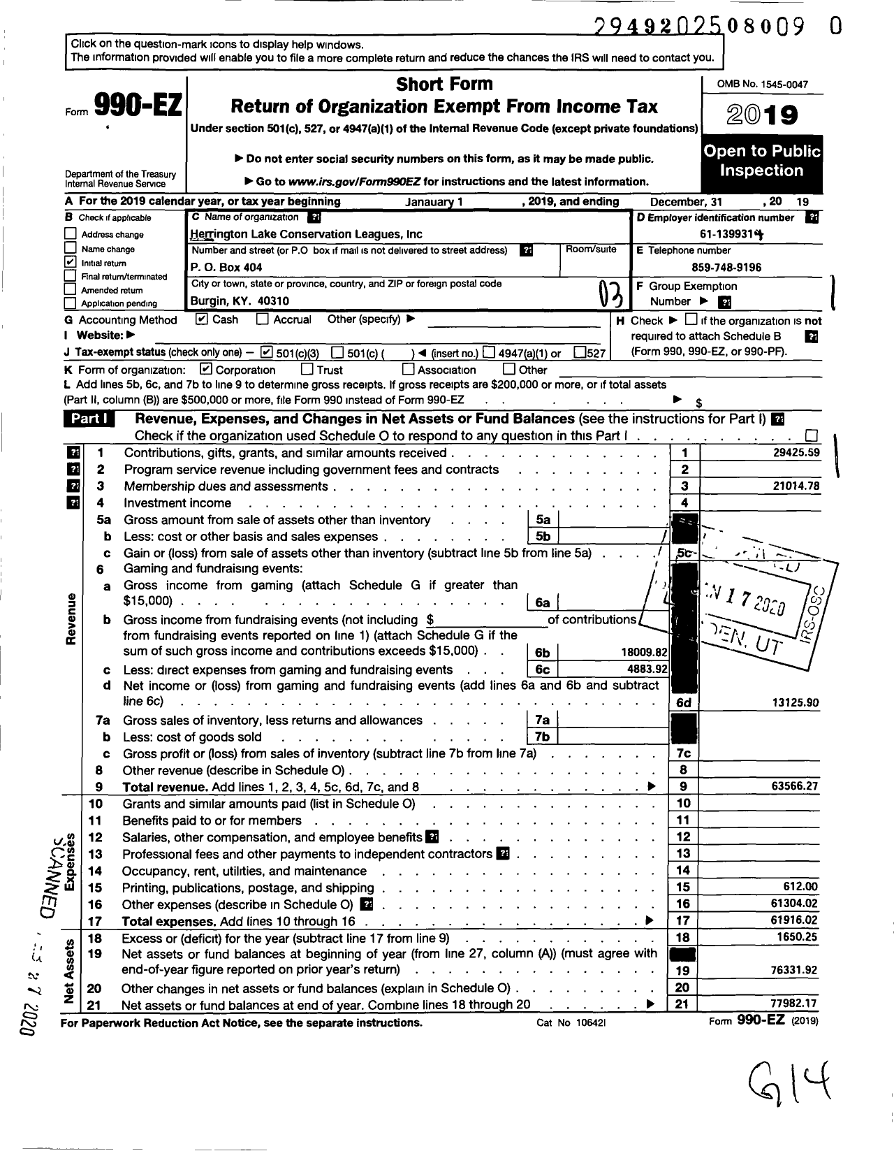 Image of first page of 2019 Form 990EZ for Herrington Lake Conservation League