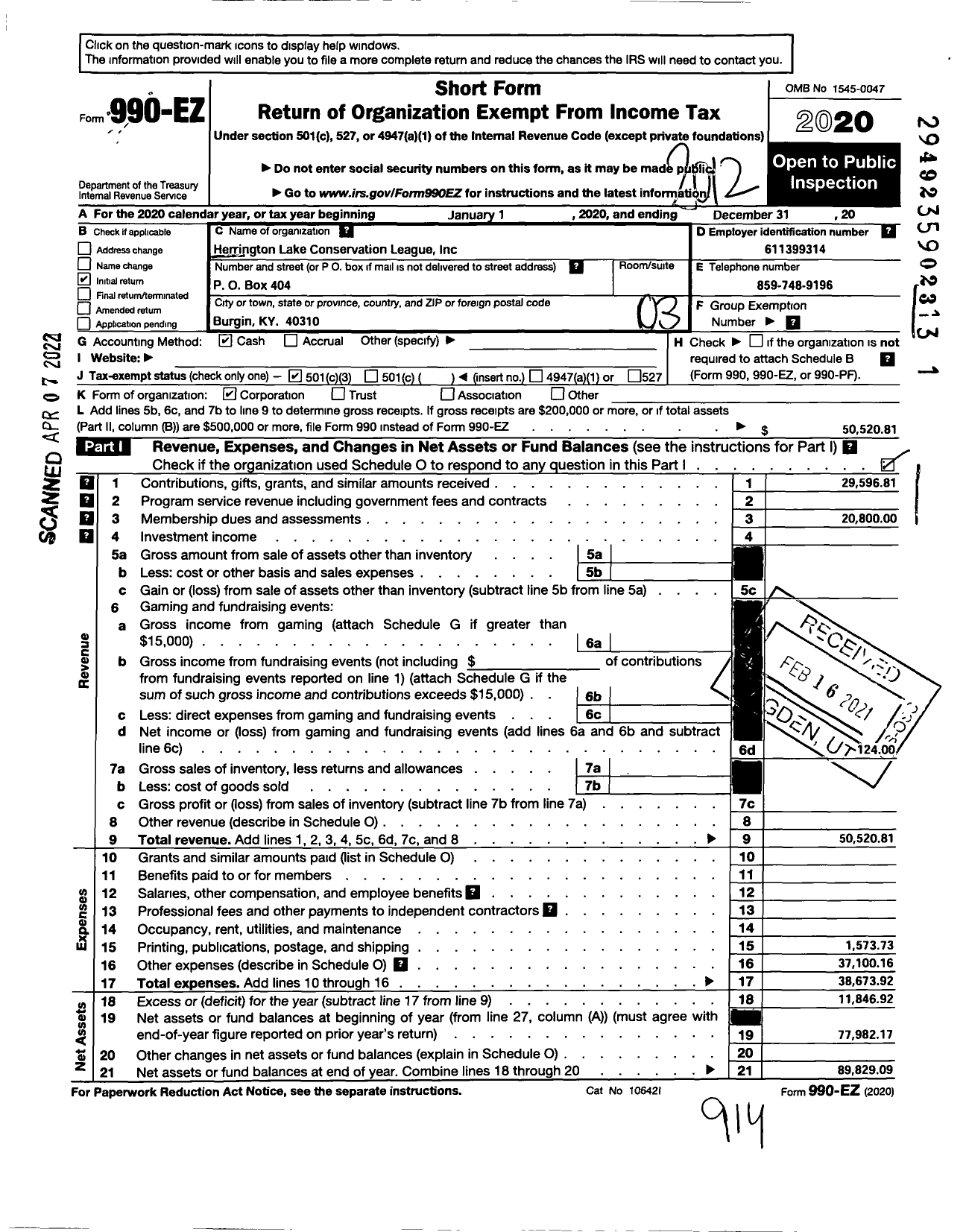 Image of first page of 2020 Form 990EZ for Herrington Lake Conservation League