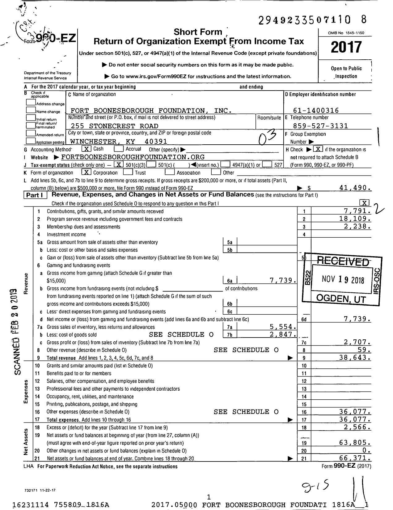 Image of first page of 2017 Form 990EZ for Fort Boonesborough Foundation