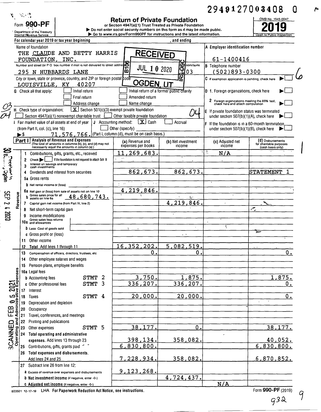 Image of first page of 2019 Form 990PF for Claude and Betty Harris Foundation