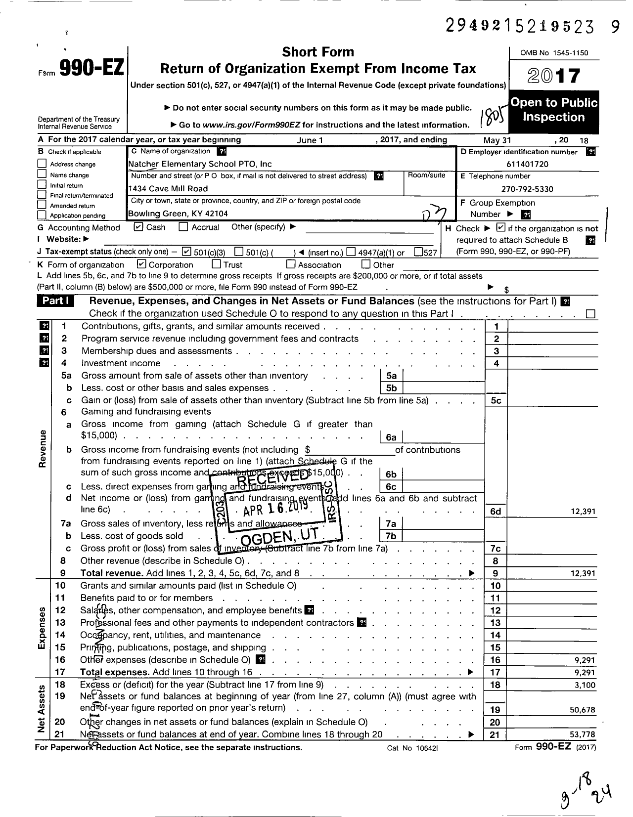 Image of first page of 2017 Form 990EZ for Natcher Elementary Pto