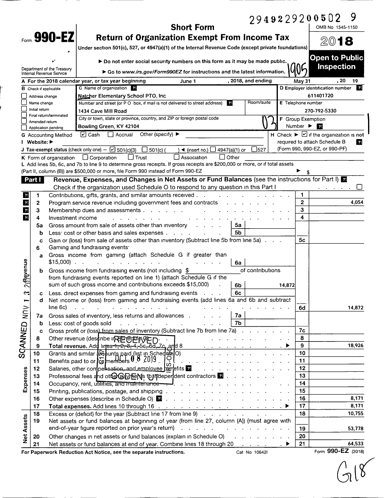 Image of first page of 2018 Form 990EZ for Natcher Elementary Pto