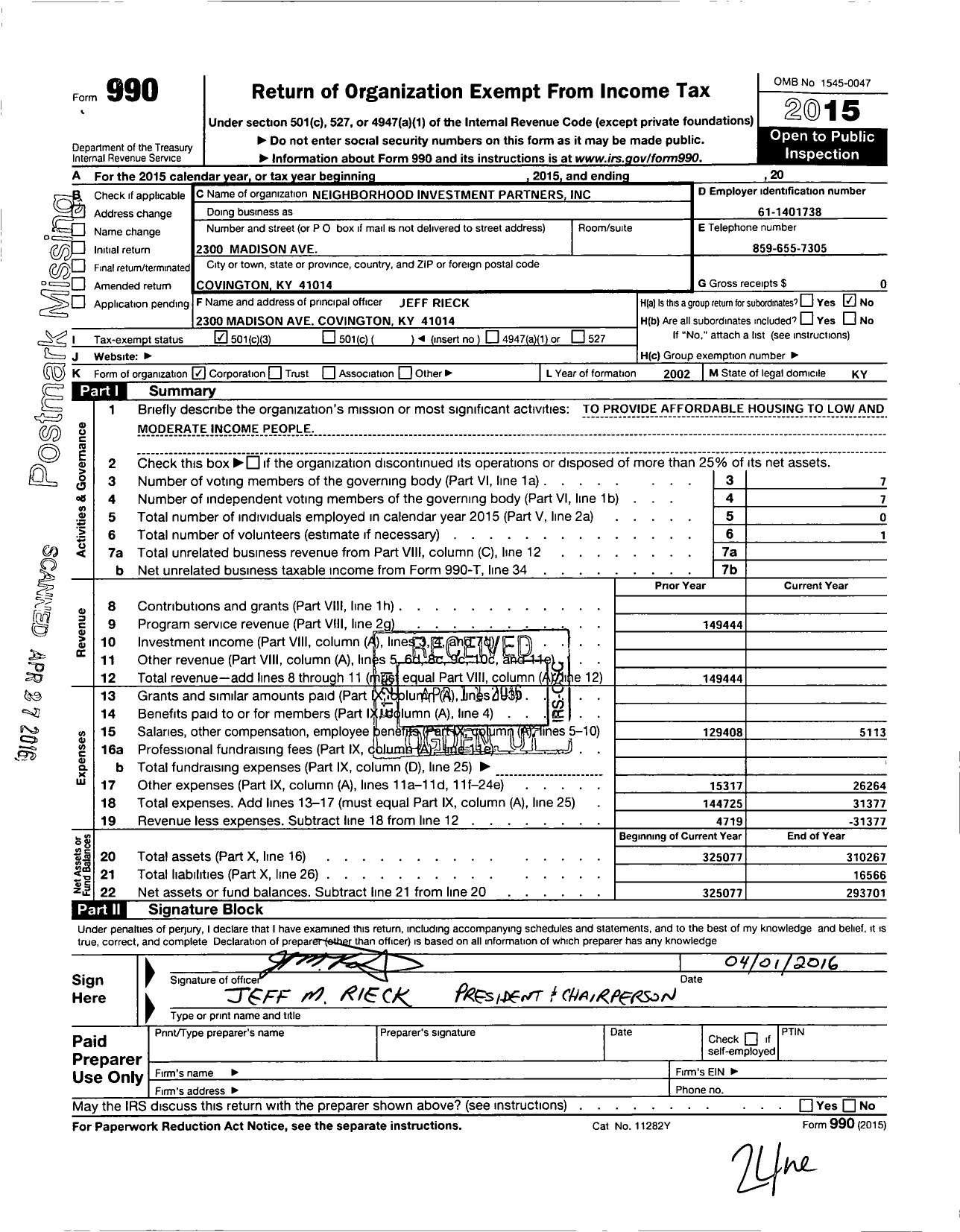 Image of first page of 2015 Form 990 for Neighborhood Investment Partners