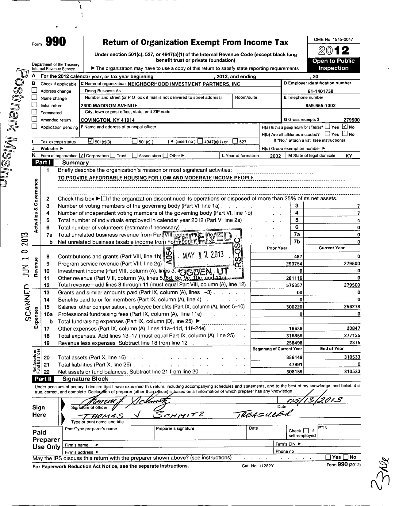 Image of first page of 2012 Form 990 for Neighborhood Investment Partners