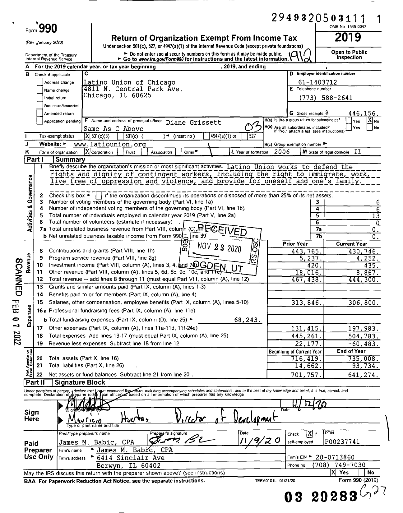 Image of first page of 2019 Form 990 for Latino Union of Chicago