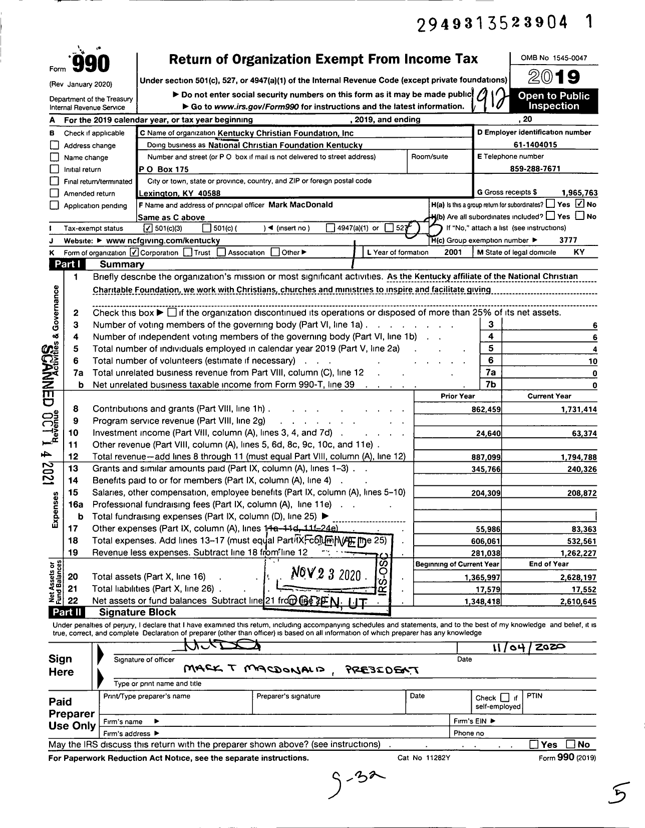 Image of first page of 2019 Form 990 for Kentucky Christian Foundation Inc National Christian Foundation Kentucky