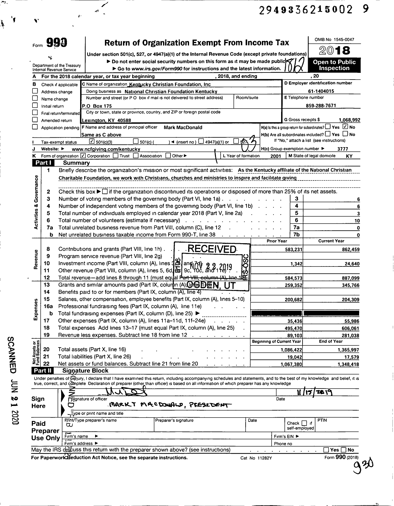 Image of first page of 2018 Form 990 for Kentucky Christian Foundation Inc National Christian Foundation Kentucky