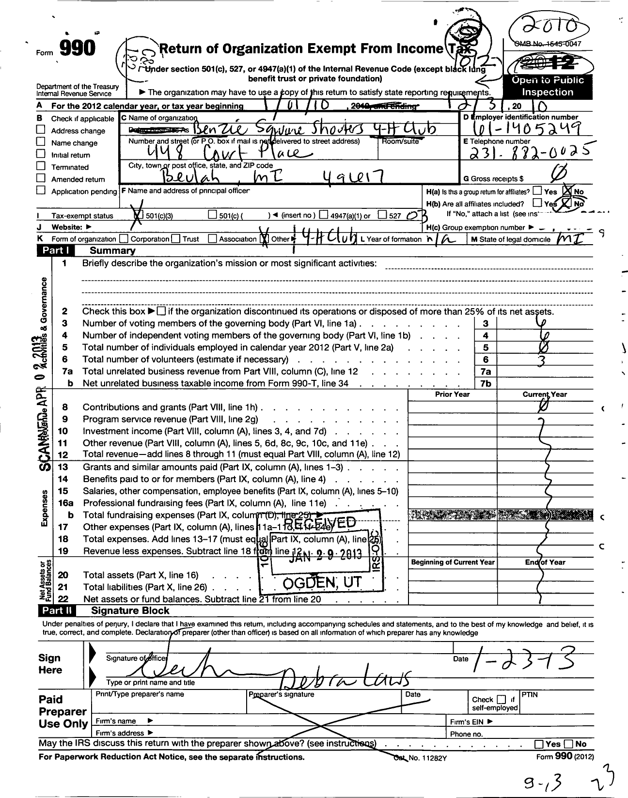 Image of first page of 2010 Form 990 for Michigan State University / Benzie Square Shooters