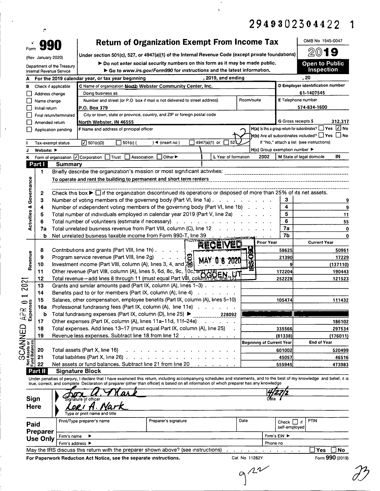 Image of first page of 2019 Form 990 for North Webster Community Center