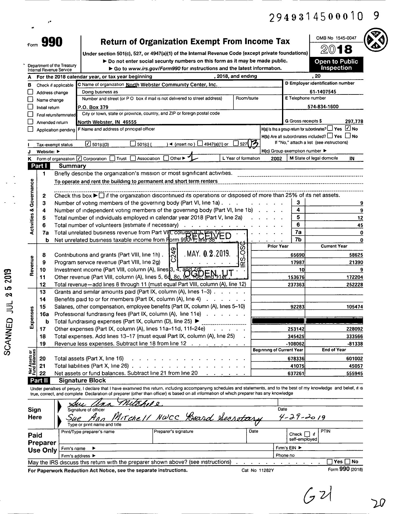 Image of first page of 2018 Form 990 for North Webster Community Center