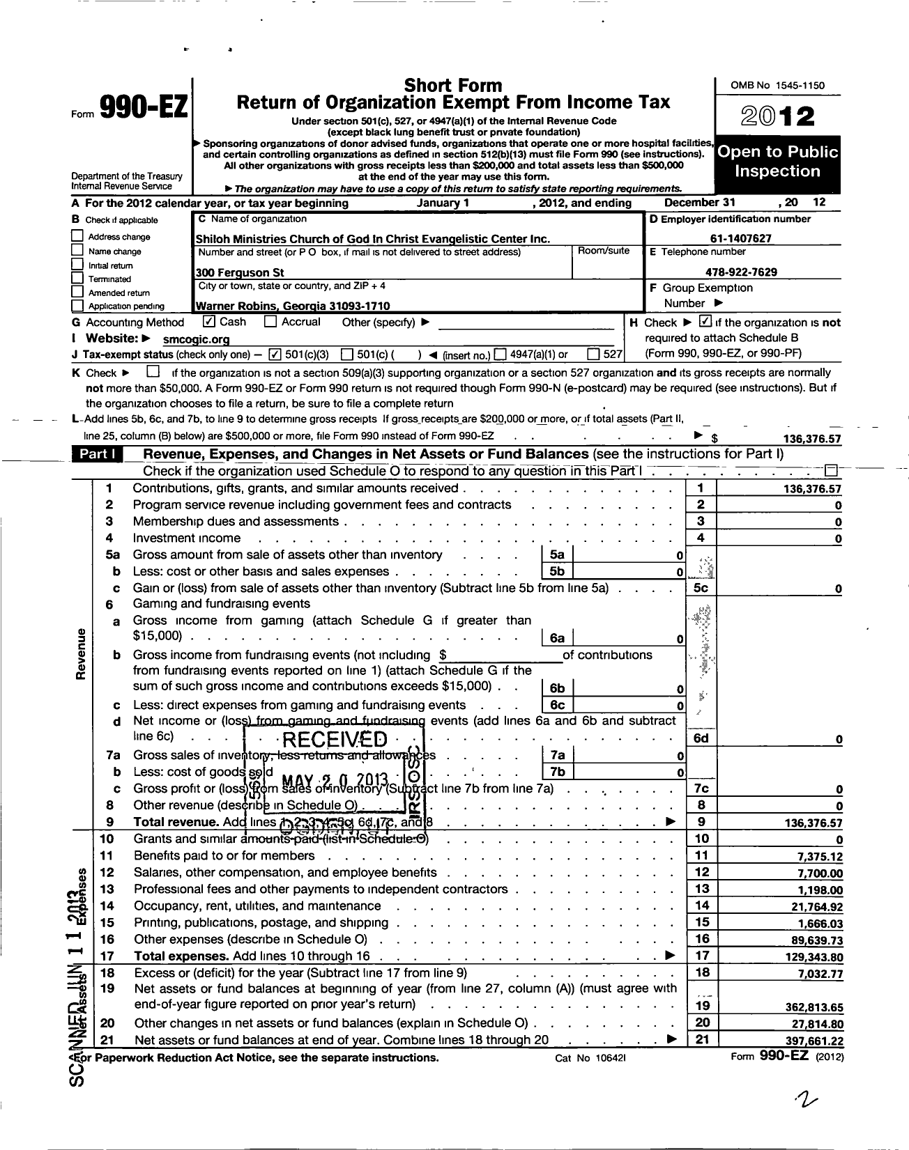 Image of first page of 2012 Form 990EZ for Shiloh Ministries Church of God in Christ Evangelistic Center