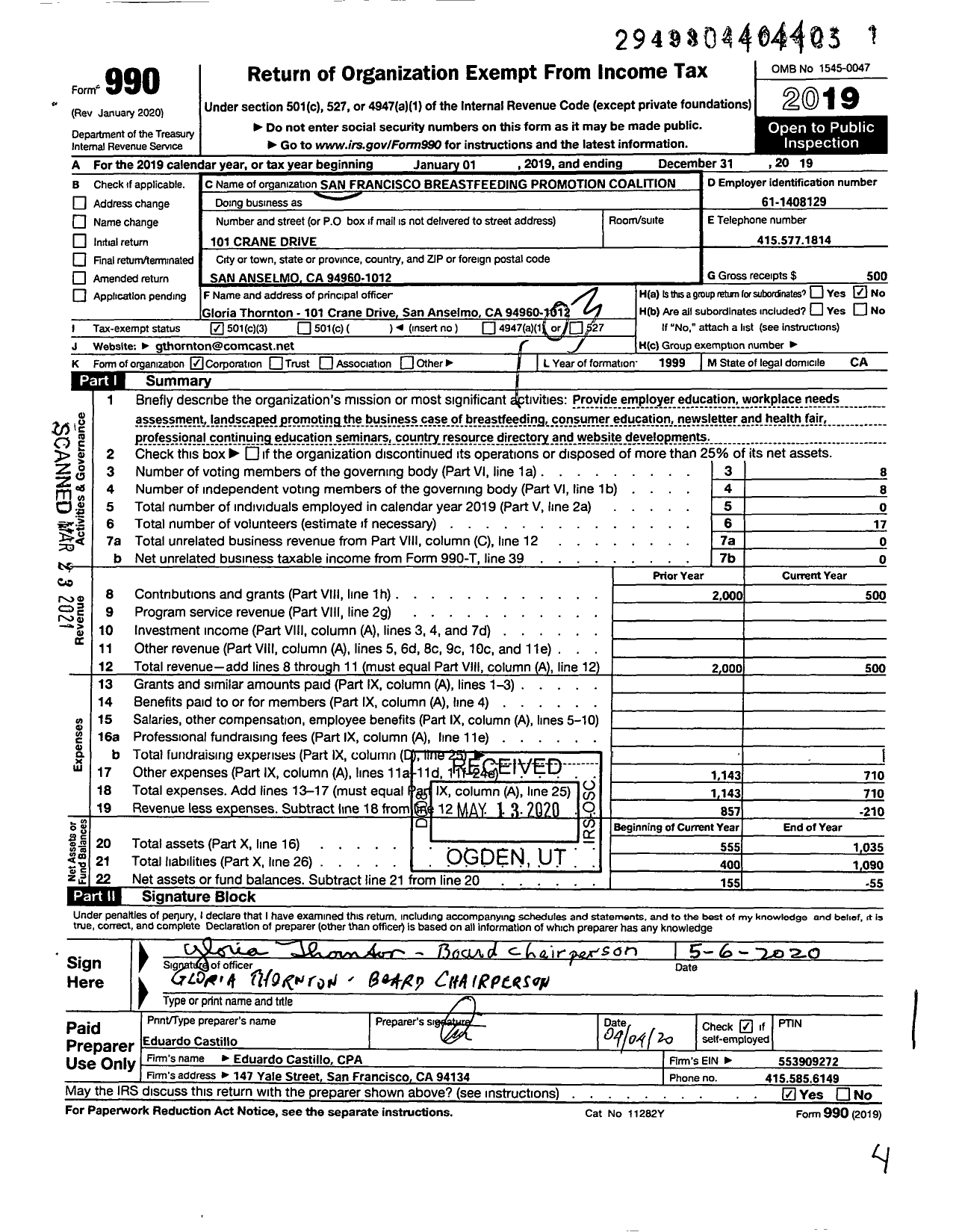 Image of first page of 2019 Form 990 for San Francisco Breastfeeding Promotion Coalition