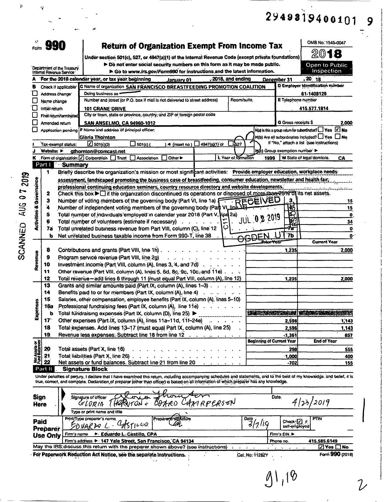 Image of first page of 2018 Form 990 for San Francisco Breastfeeding Promotion Coalition