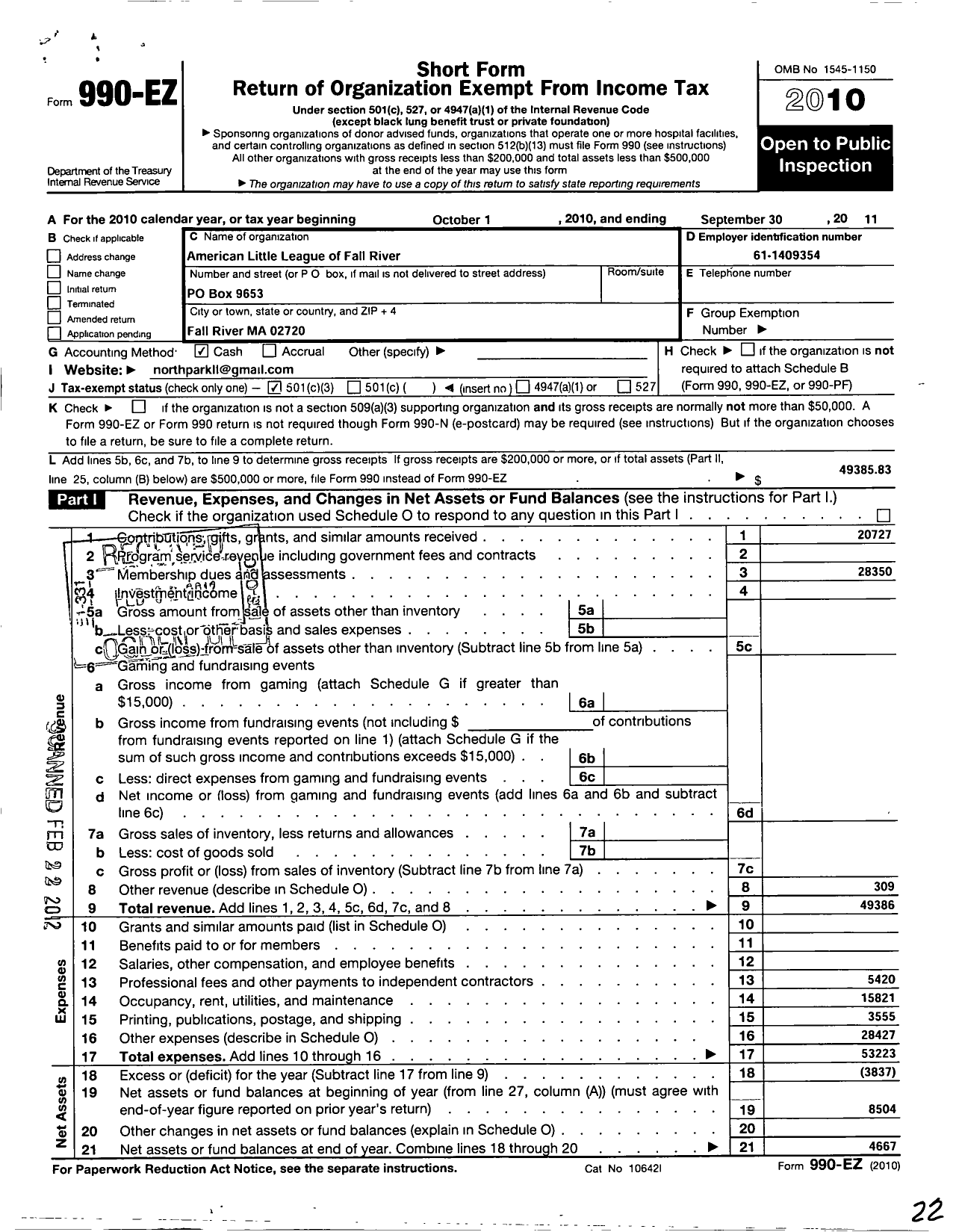 Image of first page of 2010 Form 990EZ for Little League Baseball - 2210604 Fall River American LL